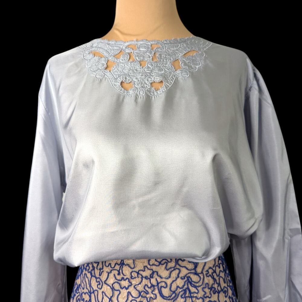 80s Gray Pearl Satin Blouse XL with Floral Cutouts